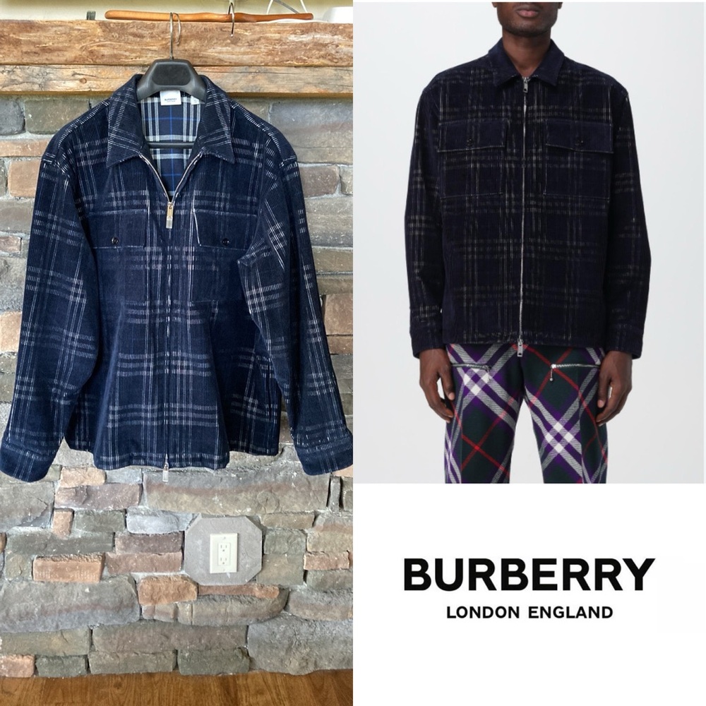 BURBERRY Check Corduroy Oversized Blue Plaid Shirt Jacket